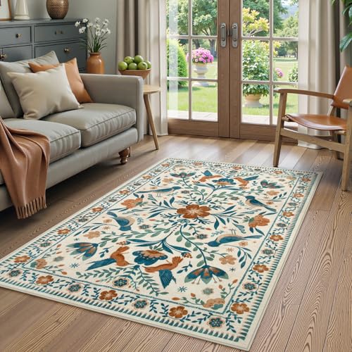 Moynesa 3x5 Entryway Rug Indoor, Modern Bohemian Washable Non-Slip Low Pile Area Rug for Kitchen Bedroom Entry,Lightweight Foldable Farmhouse Floral Bird Print Pattern Carpet Retro Home Decor - color: Beige, size: 3' x 5' (Rectangular)