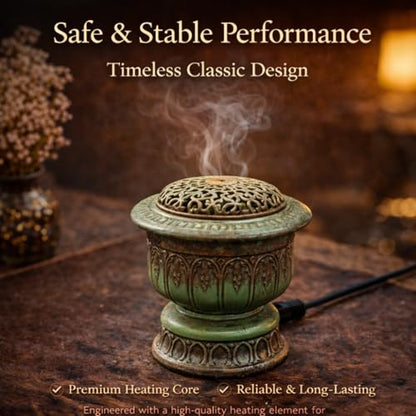 Ceramic Holder Electric Incense Burner, Classical Patterns, Elegant and High-end Hollow Design，Ultra-High Temperature, Dual Layer Protection