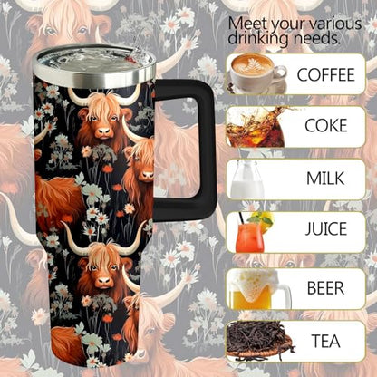 40oz Highland Cow Tumbler with Handle and Straw, Stainless Steel Insulated Cup with Lid and Straw, Travel Coffee Mug Water Bottle, Birthday Mothers Day Gifts for Women Men Animal Lovers - color: Highland Cow