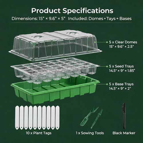 Gardzen 5 Pack 40 Cell BPA Free Seed Starter Tray Kit | Reusable Seedling Trays with Humidity Vented Domes and Base - size: 5-Pack
