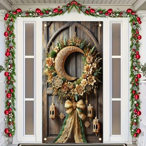 Ramadan Door Cover Decoration Crescent Moon Lantern Green Gold Floral Bow 71x35 Inch Qutdoor Eid Mubarak lslamic Festival Party Porch Front Door Decor Banner - color: Merry Islamic Crescent Moon Golden