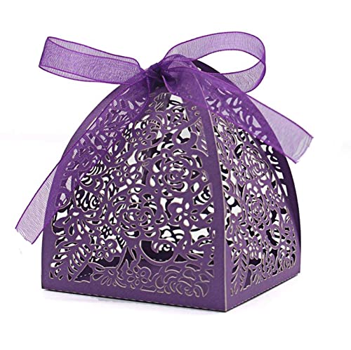 Auto-plaza 50 Pieces Beauty Laser Cut Favor Boxes DIY Wedding Birthday Gift Candy Boxes with Ribbons (Purple) - color: Purple
