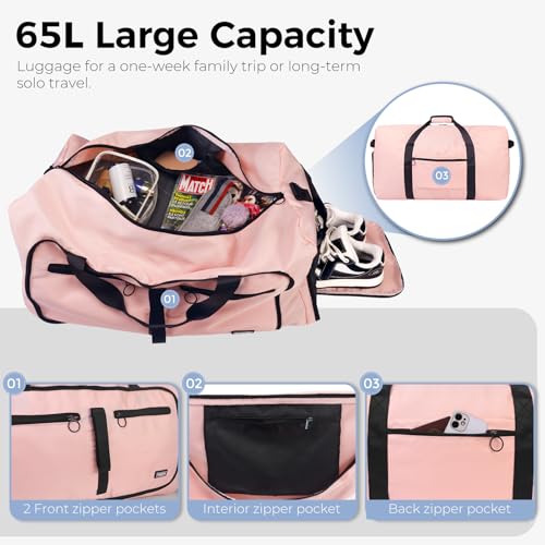 Fmeida 65L Duffle Bag with Shoes Compartment, Foldable Travel Duffel Bags for Men Women, Large Packable Travel Bag Water Repellent & Tear Resistant (Light Pink) - color: Glossy Light Pink