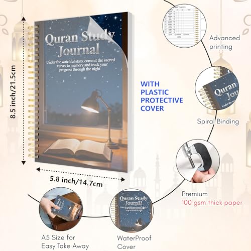 Premium Quran Study Journal - A5 Spiral Bound Islamic Reflection Notebook with 120 Pages 100gsm Thick Paper - Arabic & Translation Tracker for Daily Quranic Study, Memorization & Ramadan Gifts (Starry Night) - color: Starry Night