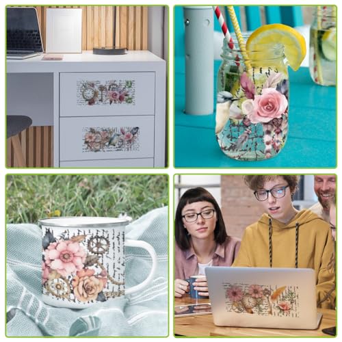 arricraft 10 Sheets UV DTF Cup Wrap, 10 Styles Vintage Flower Bird Clock Words Rub on Transfers PVC Transfer Stickers Waterproof Rub Decals for DIY 16OZ Glass Cups Furniture Wood - style: Vintage