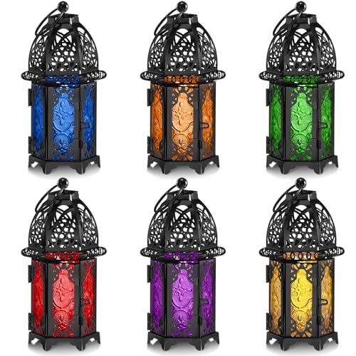 Mumufy 6 Pcs Moroccan Lanterns Ramadan Lantern Eid Decorations for Home Gold Lamp Decor Vintage Decorative Eid Mubarak Hanging Candle Lantern for Party Decor Indoor Outdoor (Black) - color: Black