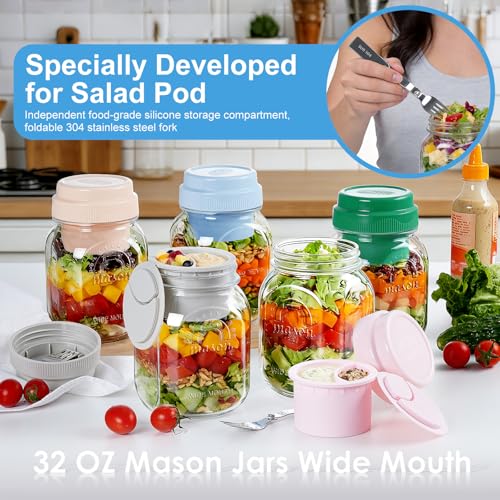 [UPGRADE] 2 Pack Salad Jars with Silicone Dressing Cup, 32 Oz Salad Container for Lunch Meal Prep w Foldable Fork, Separation Divider for Dry Food & Wet Sauce, Salad Pod On The Go for Overnight Oats
