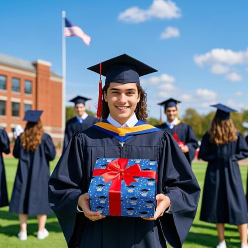 Cuitpan Graduation Wrapping Paper - Gift Wrap for High School & College Graduation 2025,Black Caps,Blue Stripes,Laurel Wreath,Medals Designs,Perfect for Parties Gifts - 8 Sheets, 20 x 29 Inches - color: Blue-Graduation