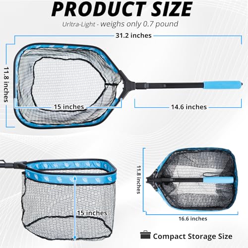 Floating Fishing Net for Fly Fishing, Foldable Landing Net | 31.2" Length, 15"x11.8" Hoop, Fish Net with Rubber Coated Polyethylene Mesh for Bass, Trout, Kayak & Boat Fishing - color: Blue