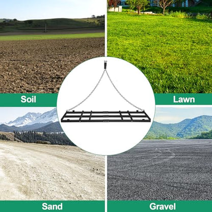 6 FT Drag Harrow Driveway Grader with 5 FT Chain | Tow Behind Lawn Rake for ATV, UTV, Tractor, Mower, Land Leveler for Gravel, Sand, Soil, Hay - size: 6 FT