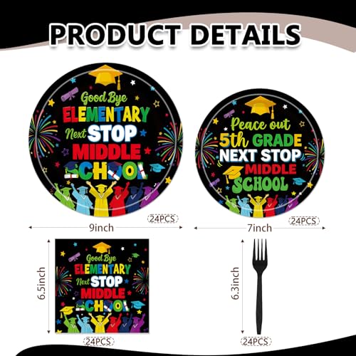EUOYUFO 96Pcs 5th Grade Graduation Paper Plates Napkins Forks Peace Out Fifth Grade Party Tableware Next Stop Middle School Theme Graduate Class of 2026 Supplies Serve 24 Guests - color: 5th Grade