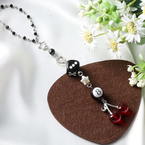 Cherry Car Charm - Silver Black 8 Ball Dice with Beads Rear View Mirror Charms Cars Accessories, Interior Y2K Aesthetic Hanging Ornament Pendant for Women Men - style: Cherry