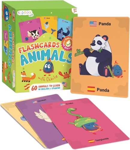 Kidrox Animals Flash Cards, English Learning Cards with Spanish Translations Included, Indestructible Double-Sided, 30 Cards - color: Animals