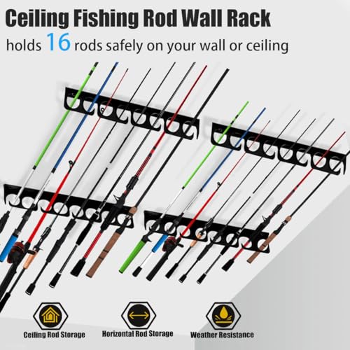Wall or Ceiling Fishing Rod Storage Rack Vertical Horizontal Holder with 16 Capacity Fishing Rods Reels Mounted Roof Carrier Hooks Hanger for Garage Cabin and Basement Gear Accessories - style: Store 16 Rods