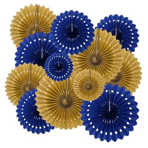 ZOOYOO Hanging Paper Fans Party Decorations,12 Pcs Blue Gold Honeycomb Round Fans,Ceiling Decor for Birthday,Wedding,Graduations,Ramadan,Eid Party Backdrop - color: Blue and Gold