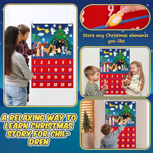 Yexiya Christmas Nativity Advent Calendar 2026 Felt Advent Wall Hanging Craft Calendar with 24 Ornaments Pockets Felt Ornaments Home Decoration for Kids Adults, Countdown to Christmas(Stylish)