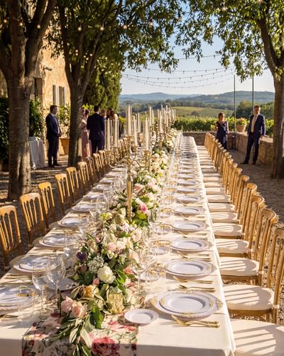 Nervure 350PCS Gold Plastic Dinnerware - White and Gold Disposable Plates for 50 Guests - 100 White Disposable Plates, 150 Plastic Silverware, 50 Cups, 50 Napkins for Wedding & Party & Graduation - color: Gold, style: 350Pcs(50Guests)