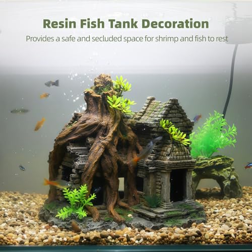 Resin Fish Tank Decoration, 9.1 in Large Aquarium Decoration, Fish Hiding Cave with Ancient Stone Texture, Aquarium Tree Root Ornament, Safe for Salt & Freshwater Fish Tank