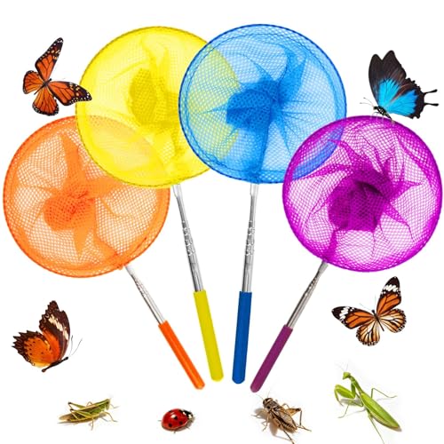 RAINFLOW Telescopic Butterfly Nets - Fishing Net with Anti Slip Grip | Outdoor Catcher Net for Catching Butterfly, Bugs, Insect, Fish, Ladybird, Extendable 6.7 in to 34 in - size: 4 Pack