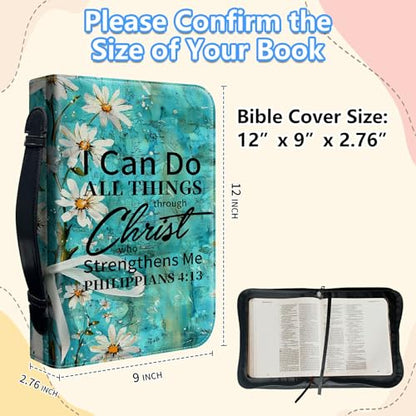 Bible Cover Case for Women, PU Leather Large Bible Cases with Zipper Fits Books Up to 12" x 9" x 2.76”, Bible Carrying Bag for Men, Daisy Wood Bible - color: Daisy Wood Bible