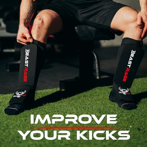 BEAST RAGE Shin Guards for Muay Thai, Kickboxing, MMA Leg Guards Martial Arts Taekwondo, Boxing, Elasticated Sock Padded Leg Instep Pads, Shin Pads,Sparring Training, Karate BJJ - color: BLACK RED, size: X-Large