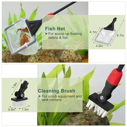 hygger Multi-Use Fish Tank Cleaner, 6 in 1 Aquarium Cleaning Tools Kit with 17.7 Inches Long Handle Algae Scraper Sponge Scrubber Firm Scrub Brush Fish Net Gravel Rake for Acrylic & Glass Tank - size: S(17.7in Long Handle)