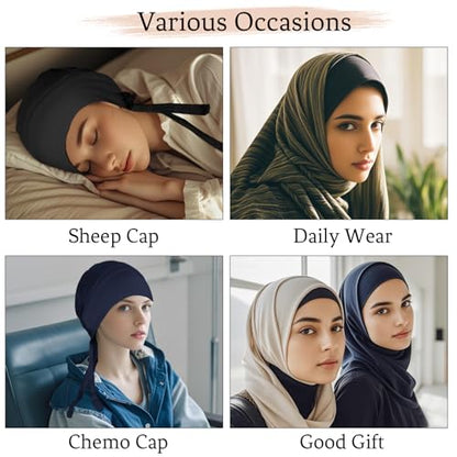 5Pcs Islamic Muslim Under Hijab Cap Inner UnderScarf for women Inner Under Scarf Hat Hijab Cap with Tie Back Closure - color: Black\blue\white\beige\khaki