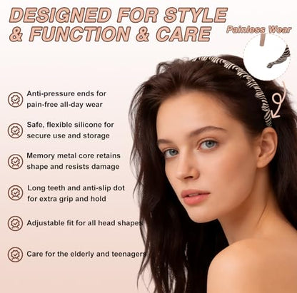 2pcs Silicone Comb Headbands for Women Non Slip, No Headache Headband with Teeth for Girls, Soft Head Bands for Women's Hair (Zebra & Leopard) - color: Zebra & Leopard