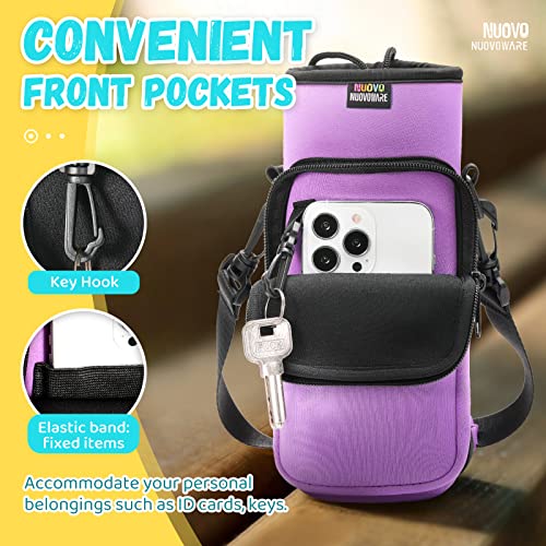 Nuovoware Water Bottle Carrier Bag, 25oz/32oz Bottle Pouch Holder, Adjustable Shoulder Hand Strap 2 Pocket Sling Neoprene Sleeve Sports Water Bottle Bag for Men Women Hiking Travel, Taro Purple | Adjustable Shoulder Hand Strap, 2 Pocket, Neoprene Sleeve,