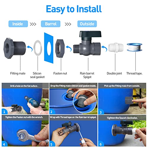 Suswillhit Rain Barrel Spigot Kit, Water Barrel Diverter, 2 Pack | with Bulkhead Fitting Hose Faucet Adapter, Thread Seal Tape for Water Tanks, Aquariums, Tubs, Pools, Garden Barrels - color: 2Pack