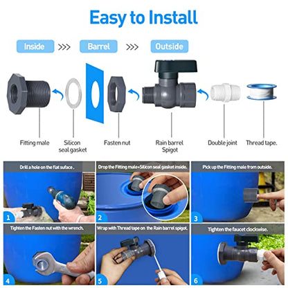 Suswillhit Rain Barrel Spigot Kit, Water Barrel Diverter, 1 Pack | with Bulkhead Fitting Hose Faucet Adapter, Thread Seal Tape for Water Tanks, Aquariums, Tubs, Pools, Garden Barrels - color: 1Pack