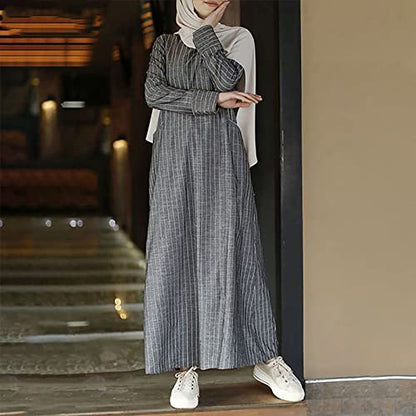 Lmdudan Muslim Dresses - Ladies Robe Dress Islamic Abaya - Cotton Linen Dress - Stripe Conservative Prayer Clothes - color: 1*gray, size: X-Large