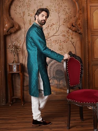 Sojanya (Since 1958 Men'S Teal Silk Blend Kurta Churidar Pyjama Set - color: Teal Green and Off White, size: Large