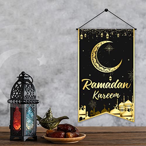 Tevxj Ramadan Mubarak Hanging Door Sign Ramadan Kareem Party Decorations Decorative Black Gold Moon Lantern Hanging Sign Banner for Ramadan Eid Mubarak Home Decor Ramadan Eid Party Supplies Favor - style: Ramadan Kareem