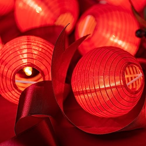 HOSY 10-Pack Red 3-in Lanterns, 11 ft White Wire Plug-in UL String Lights | Self-assembly Required, Nylon Fabric, 3-in Diameter, 12-in Spacing, End-to-end Connectable, UL Certified - color: Red