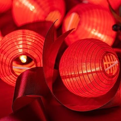 HOSY 10-Pack Red 3-in Lanterns, 11 ft White Wire Plug-in UL String Lights | Self-assembly Required, Nylon Fabric, 3-in Diameter, 12-in Spacing, End-to-end Connectable, UL Certified - color: Red