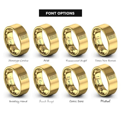 Gift for Muslim Devotee - Prayer Rug Pattern Ring - Black Yellow Rose Gold - Band - Anniversary Wedding - Personalized Custom Engraving - Flat Dome Bevel - 8mm - Men Women - Tungsten Carbide - color: 15 - Yellow Gold Tungsten