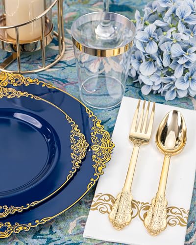 Nervure 175PCS Blue Plastic Plates - Blue Gold Plastic Dinnerware Set Disposable Include 50 Plates for Dinner and Dessert, 25Knives, 25Spoons, 25Forks, 25Cups, 25Napkins for Weddings & 4th of July - color: Navy, style: 175Pcs(25Guests)