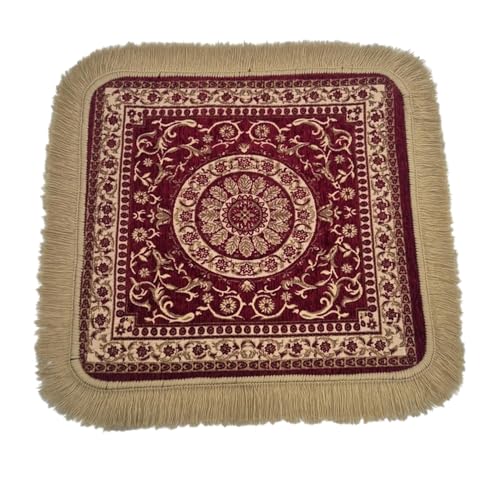 Soft Chenille Prayer Mat | Traditional Mandala Floral Pooja Aasan with Golden Fringes | Multipurpose Square Rug for Meditation, Yoga, Puja Room & Home (Red, 1.5x1.5 Feet) - color: Red, size: 1.5x1.5 Feet