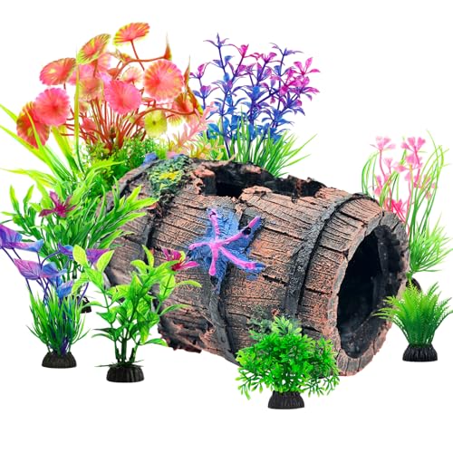 CousDUoBe Fish Broken Barrel Decor Fish Tank Decorations Betta Fish Tank Accessories,Starfish Barrel x 1pc, Aquarium Plants x 8pcs - size: 9 Pcs