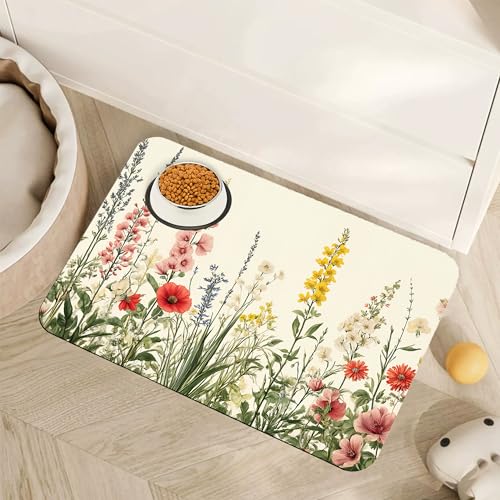Vintage Flower Botanical Garden Dog Cat Food Mat,Absorbent Pet Feeding Mat for Food and Water,Non-Slip Dog Bowl Mats Floor Protector 16"x24" - color: Vintage Flower Botanical Garden, size: 16"L x 16"W