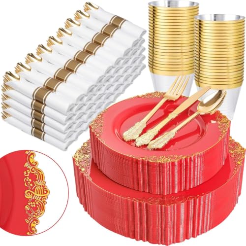 Nervure 350Pcs Red Plastic Plates, Disposable Dinnerware Set for 50 Guests - color: Red and Gold