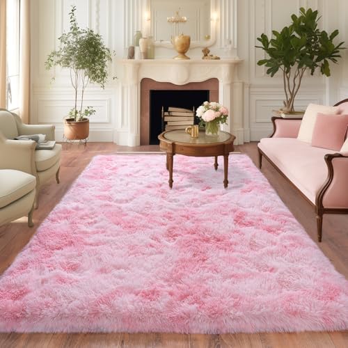 Dssimo Pink and White Rug for Living Room Bedroom,6x9 Soft Shaggy Area Rug - color: Tie-dye Pink, size: 6' x 9' (Rectangular)