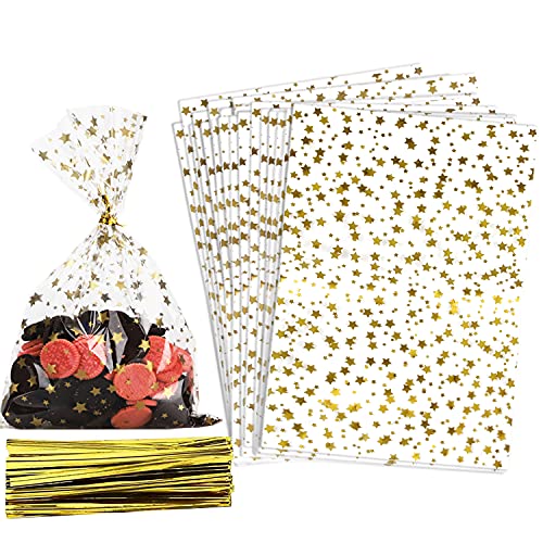 100 Pcs Star Printed 3"X 5"（7.5X12.7cm) Gift Wrap Cello Cellophane Treat Bags Party Favor bags Clear Candy Cookie Bags Plastic Poly Goodie Storage Bags with Twist Ties for Bakery,Birthday, Wedding ,Party Decorations (Gold) - color: Gold, size: 3x5 in