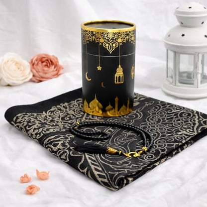 Modefa Islamic Gifts Prayer Mat | Thin Woven Praying Mat Muslim Prayer Rug | Muslim Gifts for Men Ramadan Gifts with Tesbih Prayer Beads | Ottoman Rug with Cylinder Gift Box Set Ramadan (Black) - color: Black