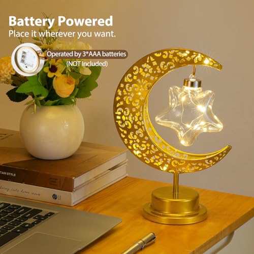 Lewondr Decorative Moon Star Table Lamp, Battery Operated Desk Warm Light | Ramadan Eid Mubarak Festival Decoration, Cordless Metal Crescent Star Lantern Light for Bedroom Nightstand, Desktop & Holiday - style: Star Moon