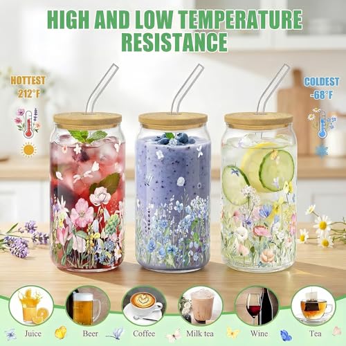 Glass Cups with Lids and Straws, 6Pcs, 16oz, Wildflower | Floral Spring Garden Cute Coquette Drinking Glasses Straws Tumbler for Women Girls Friend Bridesmaid Birthday Party Gifts - style: Wildflower