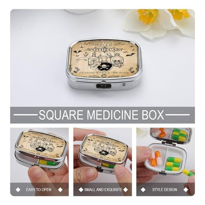 Metal 2 Compartment Pill Organizer Travel Friendly Portable Compact Pill Box Cute Pill Case to Hold Vitamins,Fish Oil,Supplements,Meds,Tablet for Purse,Pocket. (Bottles and Skeletons) - color: Bottles and Skeletons