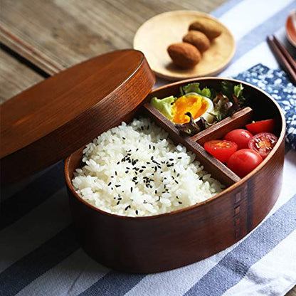 LIZEALUCKY Portable Bento Box, 7 inch Wooden Lunch Box, Adult Wooden Bento Box Handmade Natural Wooden Sushi Box Cutlery Bowl Food Container 3 Compartment Storage