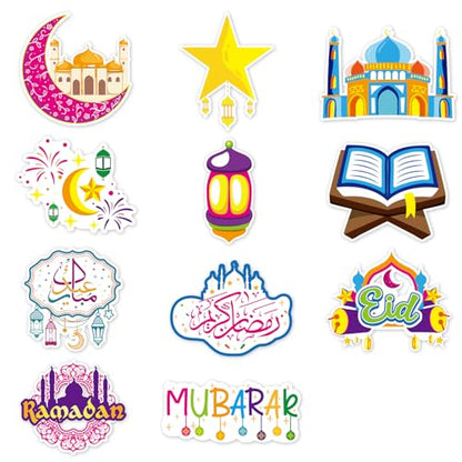 Eid Gift Yard Signs - Eid Mubarak Muslim Mosque Moon Star Lantern House Flags Banner, Islamic Festival Celebration Outdoor Party Décor, Single-Sided + 12 Balloons